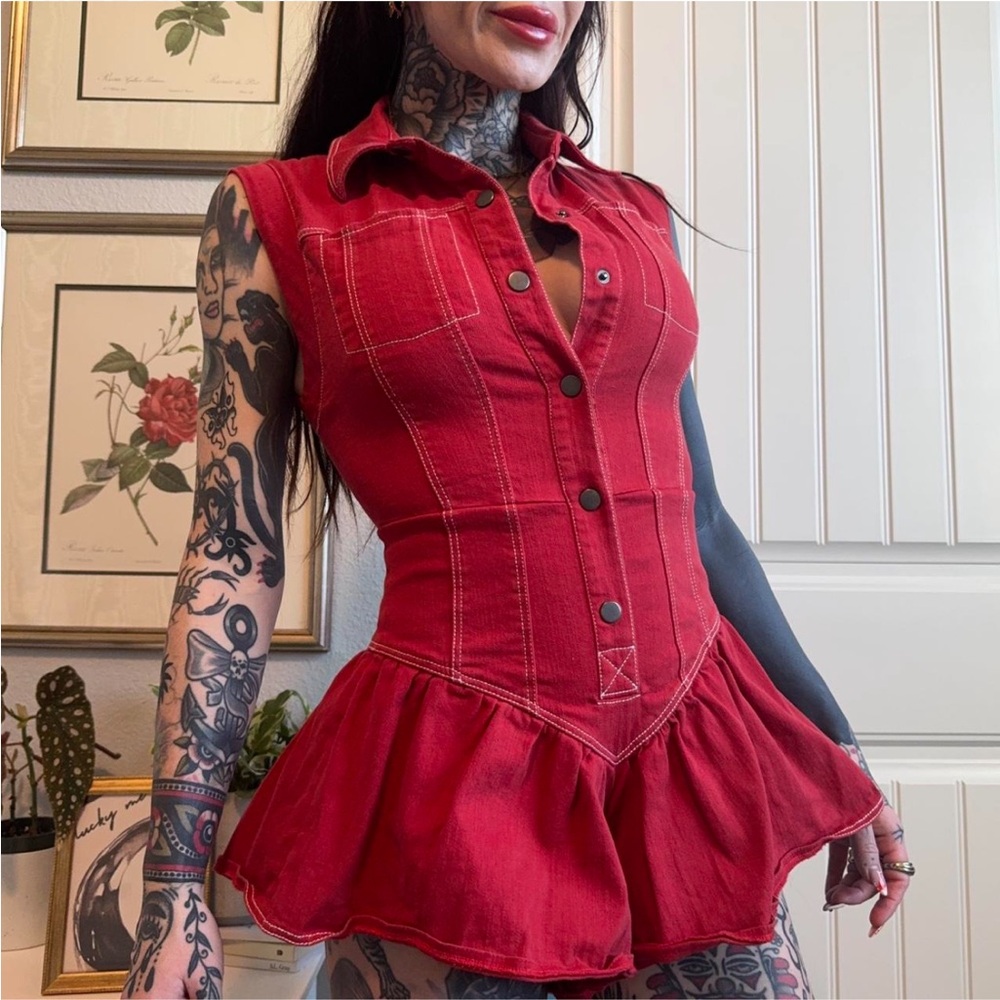 Red Denim Flare Romper